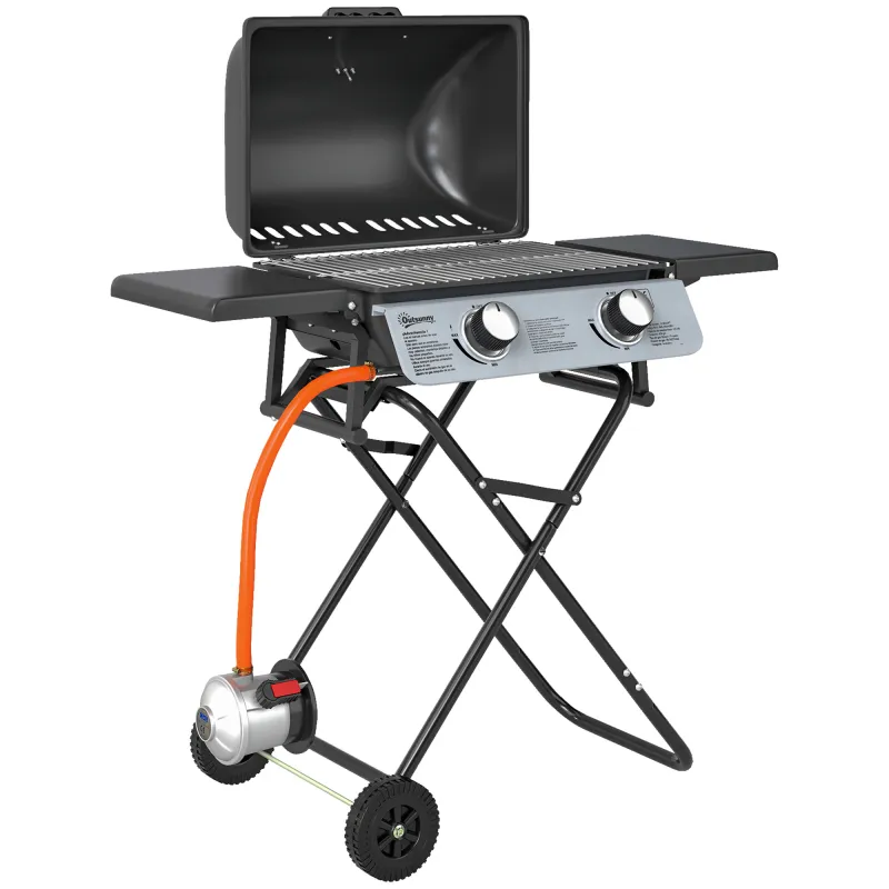 Barbacoa de Gas con 2 Quemadores 5,6 KW Tapa Termómetro Mesas Laterales y 2 Ruedas 101x50x102 cm Negro Barbacoa de Gas con 2 Quemadores 5,6 KW Tapa Termómetro Mesas Laterales y 2 Ruedas 101x50x102 cm Negro