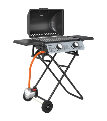 Barbacoa de Gas con 2 Quemadores 2,8 KW Tapa Termómetro Mesas Laterales y 2 Ruedas 101x50x102 cm Negro