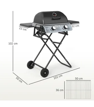 Barbacoa de Gas con 2 Quemadores 2,8 KW Tapa Termómetro Mesas Laterales y 2 Ruedas 101x50x102 cm Negro