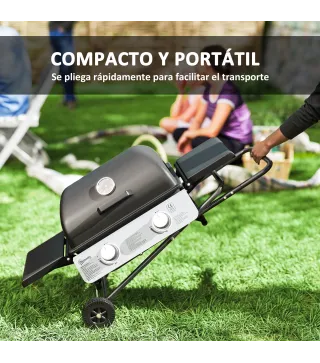 Barbacoa de Gas con 2 Quemadores 2,8 KW Tapa Termómetro Mesas Laterales y 2 Ruedas 101x50x102 cm Negro