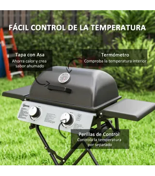 Barbacoa de Gas con 2 Quemadores 2,8 KW Tapa Termómetro Mesas Laterales y 2 Ruedas 101x50x102 cm Negro