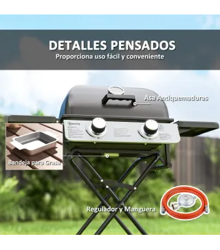 Barbacoa de Gas con 2 Quemadores 2,8 KW Tapa Termómetro Mesas Laterales y 2 Ruedas 101x50x102 cm Negro