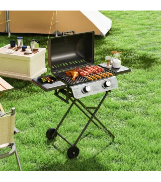 Barbacoa de Gas con 2 Quemadores 2,8 KW Tapa Termómetro Mesas Laterales y 2 Ruedas 101x50x102 cm Negro