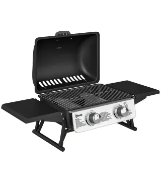 Barbacoa de Gas Compacta con 2 Quemadores Termómetro Estantes Laterales Plegables y Bandeja de Goteo 101x48x41 cm Negro