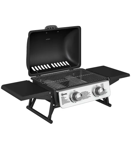 Barbacoa de Gas Compacta con 2 Quemadores Termómetro Estantes Laterales Plegables y Bandeja de Goteo 101x48x41 cm Negro