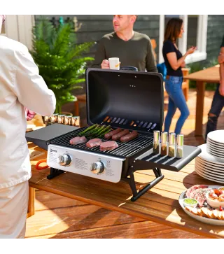 Barbacoa de Gas Compacta con 2 Quemadores Termómetro Estantes Laterales Plegables y Bandeja de Goteo 101x48x41 cm Negro