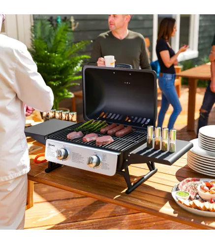 Barbacoa de Gas Compacta con 2 Quemadores Termómetro Estantes Laterales Plegables y Bandeja de Goteo 101x48x41 cm Negro