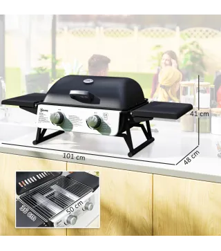 Barbacoa de Gas Compacta con 2 Quemadores Termómetro Estantes Laterales Plegables y Bandeja de Goteo 101x48x41 cm Negro