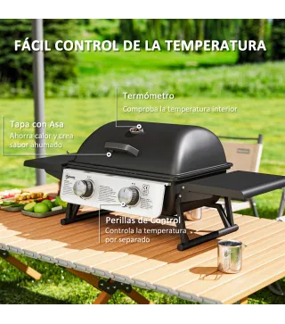 Barbacoa de Gas Compacta con 2 Quemadores Termómetro Estantes Laterales Plegables y Bandeja de Goteo 101x48x41 cm Negro