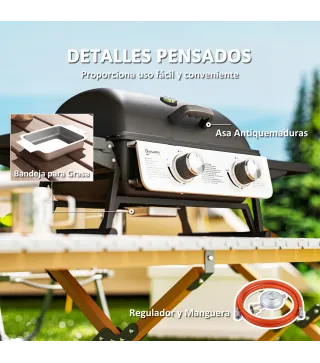 Barbacoa de Gas Compacta con 2 Quemadores Termómetro Estantes Laterales Plegables y Bandeja de Goteo 101x48x41 cm Negro