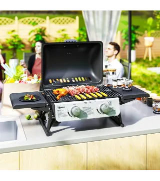 Barbacoa de Gas Compacta con 2 Quemadores Termómetro Estantes Laterales Plegables y Bandeja de Goteo 101x48x41 cm Negro