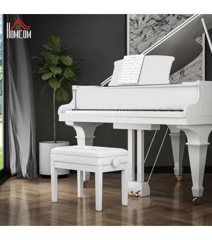 Banco para Piano con Ajustable en Altura de 48 a 58 cm Espacio de Almacenamiento Patas de Madera Blanco