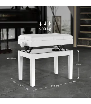 Banco para Piano con Ajustable en Altura de 48 a 58 cm Espacio de Almacenamiento Patas de Madera Blanco