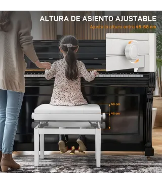 Banco para Piano con Ajustable en Altura de 48 a 58 cm Espacio de Almacenamiento Patas de Madera Blanco