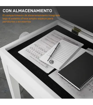 Banco para Piano con Ajustable en Altura de 48 a 58 cm Espacio de Almacenamiento Patas de Madera Blanco