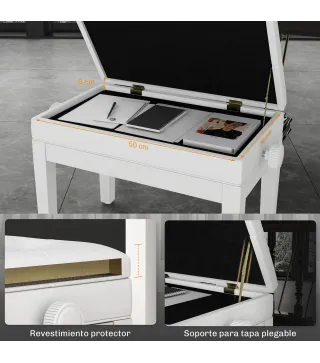 Banco para Piano con Ajustable en Altura de 48 a 58 cm Espacio de Almacenamiento Patas de Madera Blanco