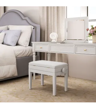 Banco para Piano con Ajustable en Altura de 48 a 58 cm Espacio de Almacenamiento Patas de Madera Blanco