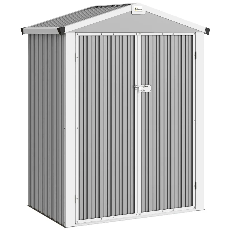 Cobertizo de Jardín Exterior 1,1 m² 133x87x178 cm con 2 Puertas Abatibles Techo a Dos Aguas y Guantes Gris Plateado