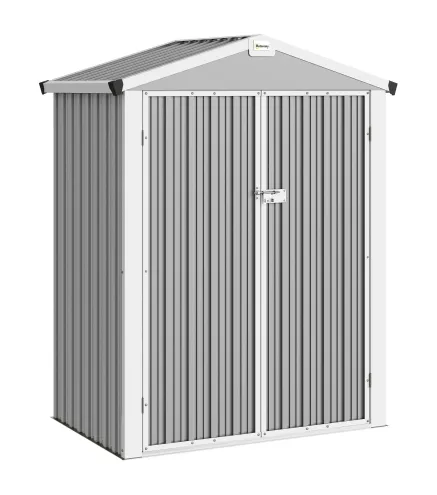 Cobertizo de Jardín Exterior 1,1 m² 133x87x178 cm con 2 Puertas Correderas Techo Inclinado y Guantes Gris Plateado