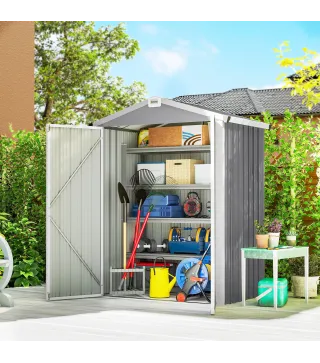 Cobertizo de Jardín Exterior 1,1 m² 133x87x178 cm con 2 Puertas Abatibles Techo a Dos Aguas y Guantes Gris Plateado
