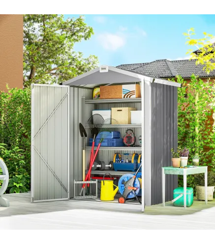 Cobertizo de Jardín Exterior 1,1 m² 133x87x178 cm con 2 Puertas Abatibles Techo a Dos Aguas y Guantes Gris Plateado
