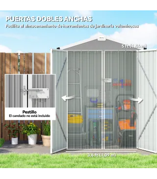 Cobertizo de Jardín Exterior 1,1 m² 133x87x178 cm con 2 Puertas Correderas Techo Inclinado y Guantes Gris Plateado