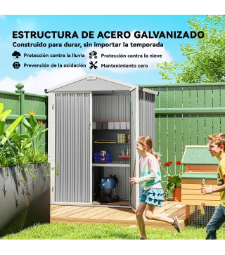 Cobertizo de Jardín Exterior 1,1 m² 133x87x178 cm con 2 Puertas Correderas Techo Inclinado y Guantes Gris Plateado