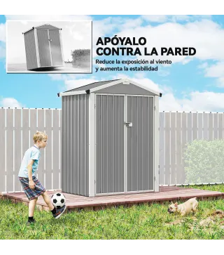 Cobertizo de Jardín Exterior 1,1 m² 133x87x178 cm con 2 Puertas Correderas Techo Inclinado y Guantes Gris Plateado