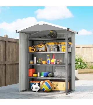 Cobertizo de Jardín Exterior 1,1 m² 133x87x178 cm con 2 Puertas Correderas Techo Inclinado y Guantes Gris Plateado