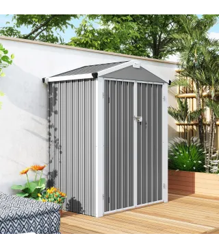 Cobertizo de Jardín Exterior 1,1 m² 133x87x178 cm con 2 Puertas Correderas Techo Inclinado y Guantes Gris Plateado