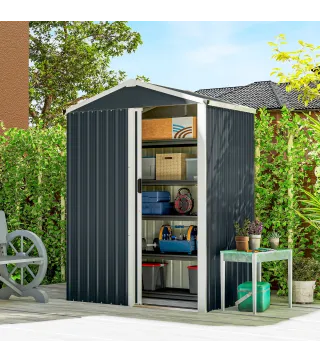 Cobertizo de Jardín Exterior 1,1 m² 136x87x179 cm con Puerta Corredera Techo Inclinado y Guantes Gris Oscuro