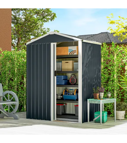 Cobertizo de Jardín Exterior 1,1 m² 136x87x179 cm con Puerta Corredera Techo Inclinado y Guantes Gris Oscuro