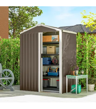 Cobertizo de Jardín Exterior 1,1 m² 136x87x179 cm con Puerta Corredera Techo Inclinado y Guantes Marrón