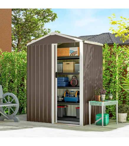 Cobertizo de Jardín Exterior 1,1 m² 136x87x179 cm con Puerta Corredera Techo Inclinado y Guantes Marrón