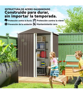 Cobertizo de Jardín Exterior 1,1 m² 136x87x179 cm con Puerta Corredera Techo Inclinado y Guantes Marrón