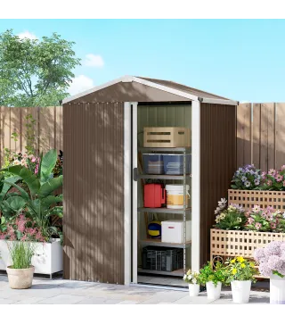 Cobertizo de Jardín Exterior 1,1 m² 136x87x179 cm con Puerta Corredera Techo Inclinado y Guantes Marrón
