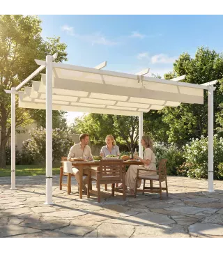 Pérgola de Jardín 4x3 m con Techo Retráctil Protección UPF30+ Drenaje Cenador de Jardín para Patio Exterior Beige