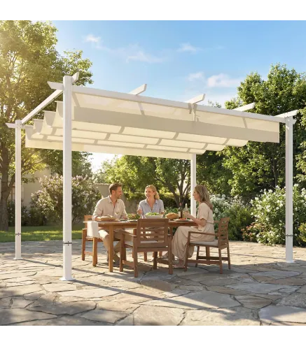 Pérgola de Jardín 4x3 m con Techo Retráctil Protección UPF30+ Drenaje Cenador de Jardín para Patio Exterior Beige