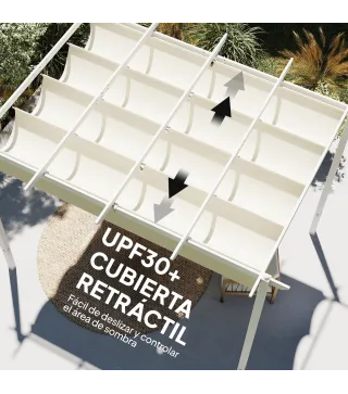 Pérgola de Jardín 4x3 m con Techo Retráctil Protección UPF30+ Drenaje Cenador de Jardín para Patio Exterior Beige