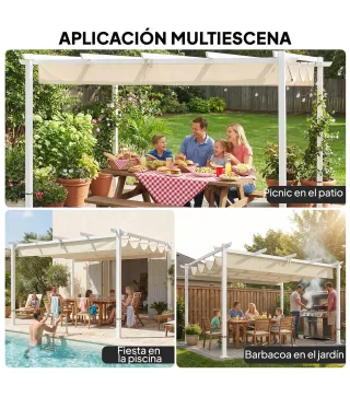 Pérgola de Jardín 4x3 m con Techo Retráctil Protección UPF30+ Drenaje Cenador de Jardín para Patio Exterior Beige