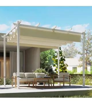 Pérgola de Jardín 4x3 m con Techo Retráctil Protección UPF30+ Drenaje Cenador de Jardín para Patio Exterior Beige