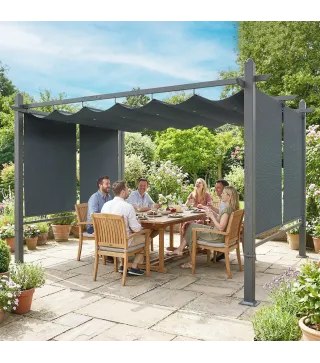 Pérgola de Jardín 4x3 m con Cortinas Enrollables Automáticas y Techo Retráctil Cenador de Jardín con UPF50+ Gris Oscuro