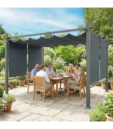 Pérgola de Jardín 4x3 m con Cortinas Enrollables Automáticas y Techo Retráctil Cenador de Jardín con UPF50+ Gris Oscuro