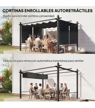 Pérgola de Jardín 4x3 m con Cortinas Enrollables Automáticas y Techo Retráctil Cenador de Jardín con UPF50+ Gris Oscuro