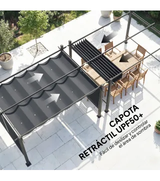 Pérgola de Jardín 4x3 m con Cortinas Enrollables Automáticas y Techo Retráctil Cenador de Jardín con UPF50+ Gris Oscuro