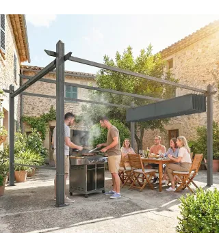 Pérgola de Jardín 4x3 m con Cortinas Enrollables Automáticas y Techo Retráctil Cenador de Jardín con UPF50+ Gris Oscuro