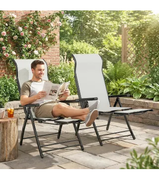 Pack de 2 Sillas Plegables Reclinables de Jardín Exterior con Respaldo Alto Ajustable en 5 Posiciones Reposapiés Gris