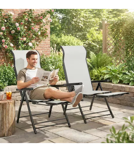 Pack de 2 Sillas Plegables Reclinables de Jardín Exterior con Respaldo Alto Ajustable en 5 Posiciones Reposapiés Gris