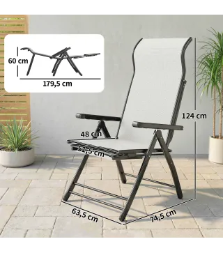 Pack de 2 Sillas Plegables Reclinables de Jardín Exterior con Respaldo Alto Ajustable en 5 Posiciones Reposapiés Gris