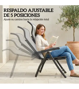 Pack de 2 Sillas Plegables Reclinables de Jardín Exterior con Respaldo Alto Ajustable en 5 Posiciones Reposapiés Gris